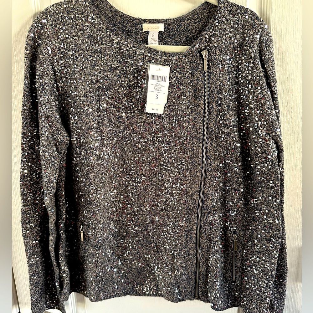 NWT Chicos Asymmetrical Sequin Zip Cardigan - XL